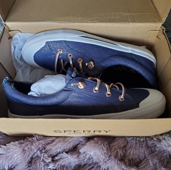 New Sperry Pier Wave Slip On Sneaker 5 Blue Gold Shimmer - Picture 2 of 2